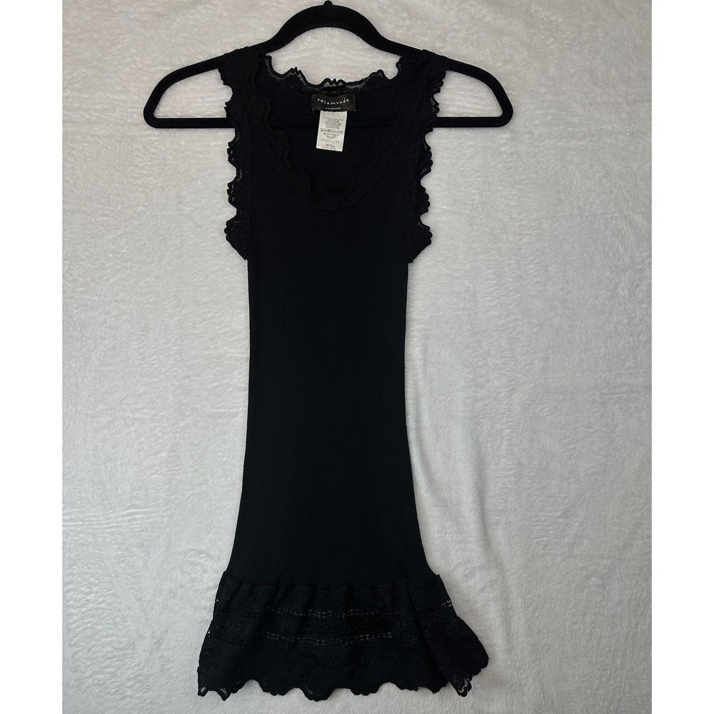 Rosemunde Silk Blend Ribbed Lace Y2K Trim Tank Top Women L Black Sleeveless Hem